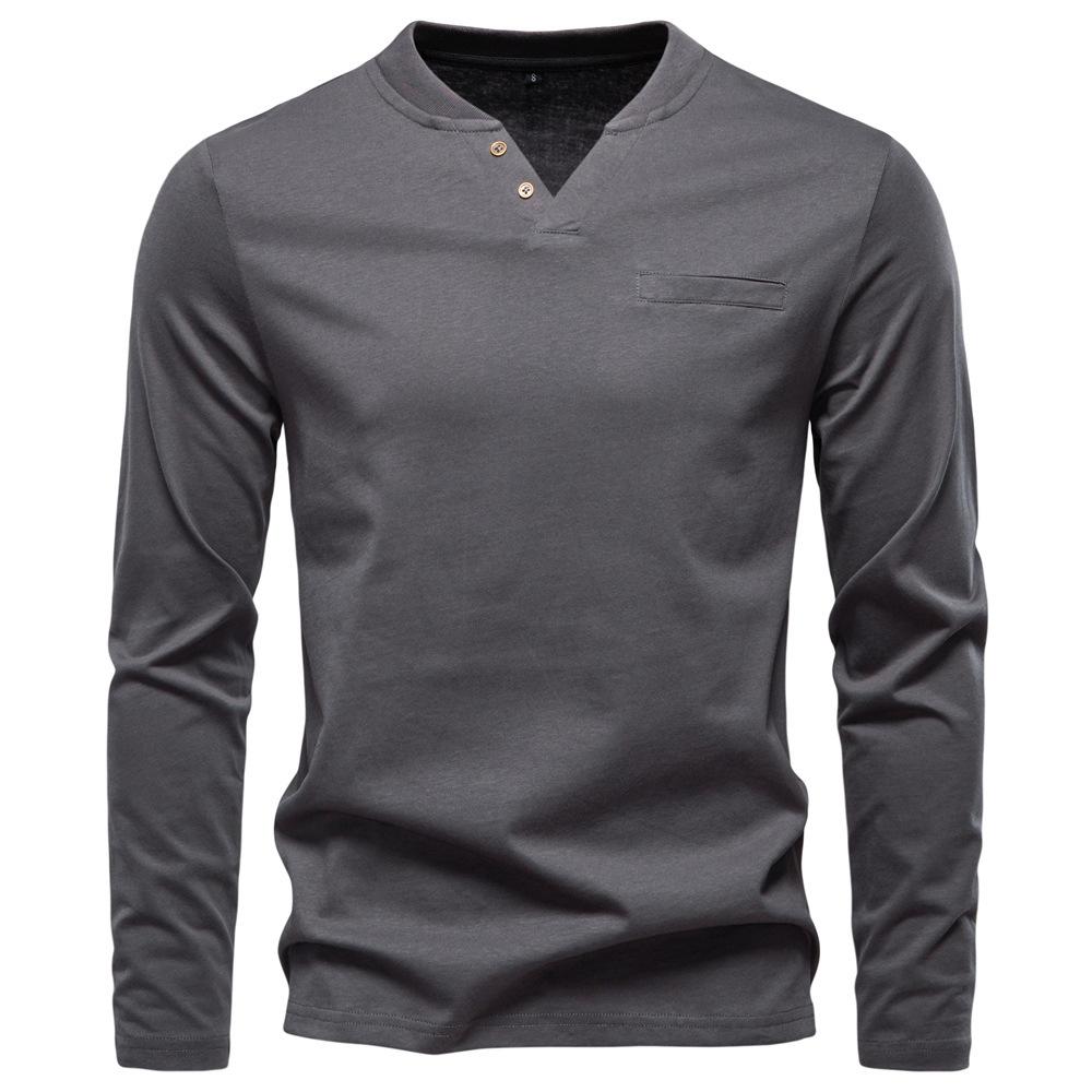 Jesień Nowy Męski Casualowy T-shirt z dekoltem w serek z długim rękawem Slim Koszulka bazowa T-shirt z czystej bawełny Top