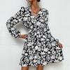 A Line Women's Dress High Waist Long Sleeve V Neck Printed Lace Up Fashion Autumn Spring