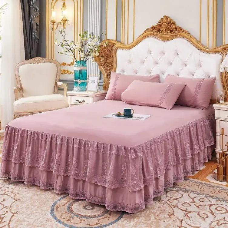 3 Layers Bed Skirt Lace Ruffled Bed Skirt Couvre Lit Bedroom Bed Cover with Surface Non-slip Mattress Cover Bedsheet Bedspread