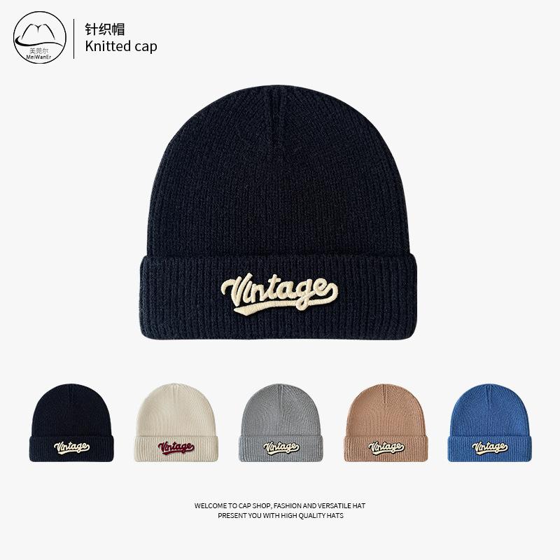 Hat Female Winter Japanese Simple Versatile Wool Hat Student Couple Cold Hat Warm Letter Knitted Hat Male