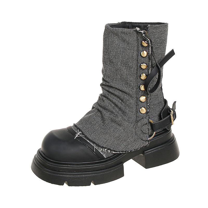 Niche design jeans tube boots women's 2025 Korean version doll head heightening fashion boots versatile medium boots short boots