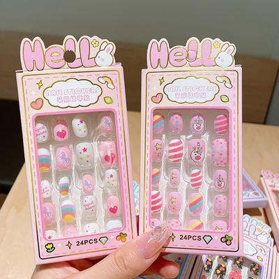 24 Peças/Caixa Unhas Artificiais Acrílicas de Colar Decoração Padrão Desenho Animado Infantil Unhas Falsas Vestíveis Fofas Menina Criança Pontas de Unhas Falsas