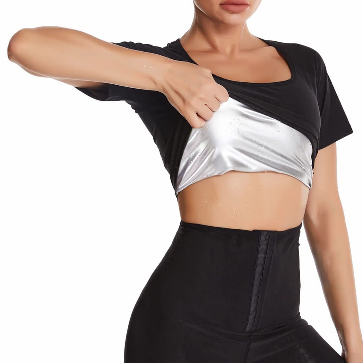 

Женский костюм для сауны, термофутболка для тренировок, майка, корректирующее белье, жилет для сауны, тренажер для талии, пот, формирователь тела, рубашка для похудения, толстовка для фитнеса S/M чёрный/серебряный