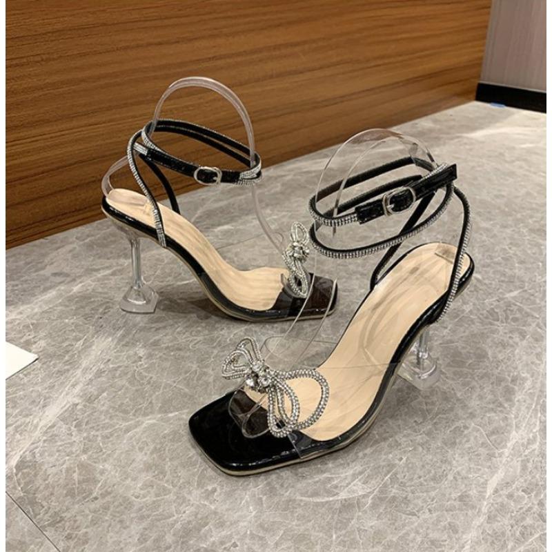 

New summer color high-heeled stiletto sandals large-size fashion catwalk bow rhinestone buckle sandals women 35