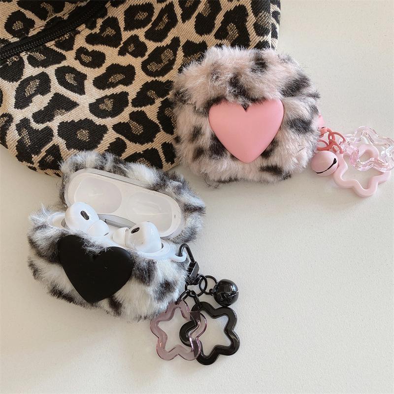 Plush Leopard Print Heart Case Suitable for AirPods Pro 1st Gen Pro 1st Gen Pro 1 Apple Bluetooth Earphone Case for Women