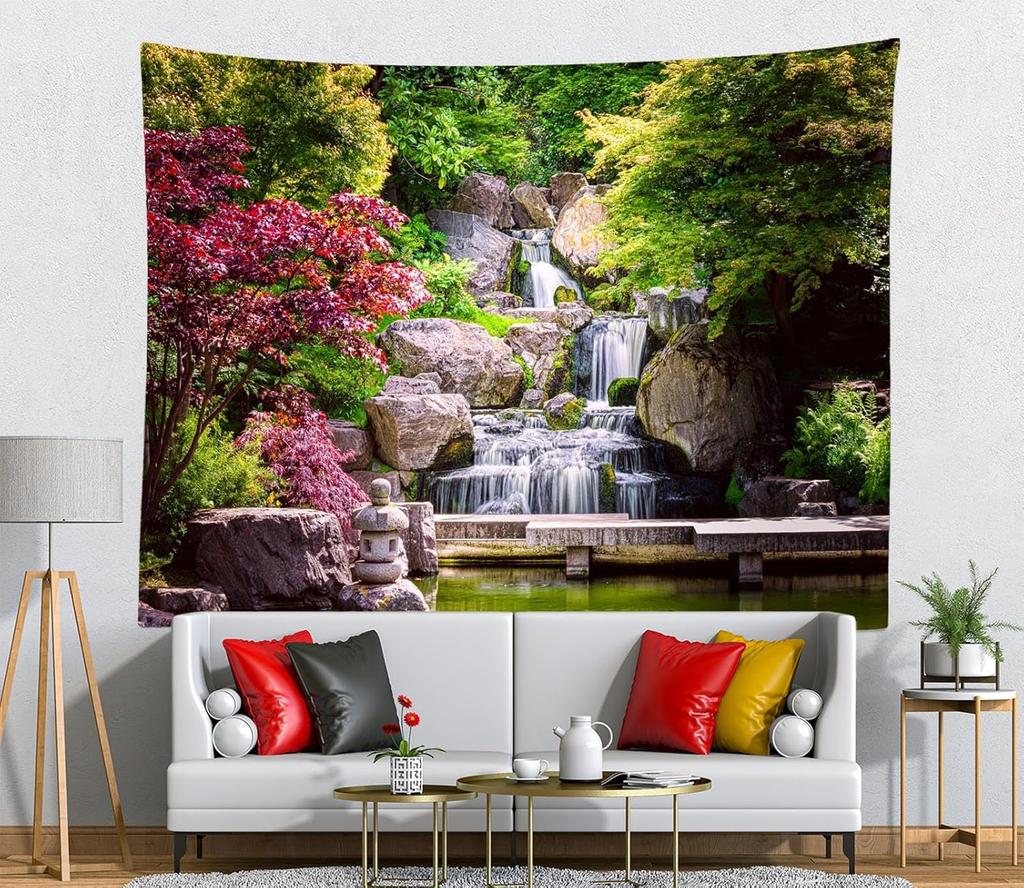 Garden Waterfall Tapestry Japanese Green Garden Zen Lake Pond Stone Wall Hanging Maple Trees Bridge Kyoto Park Tapestries for