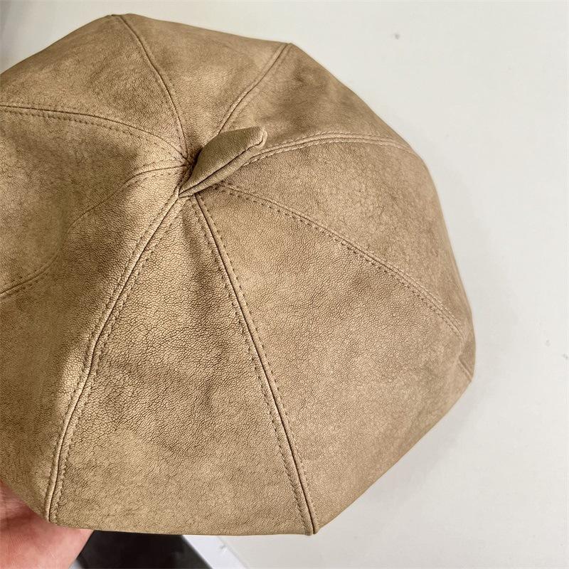 Autumn and winter old retro matte leather beret solid color versatile painter hat showing face small star anise pumpkin hat