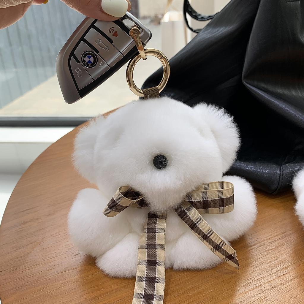 Cute Soft Fluffy Little Bear Toy Women Rex Rabbit Fur Keychain Plush Panda Handbag Pendant Car Keyring Ornaments Girls Gift