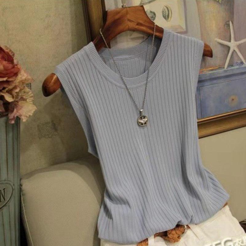 Women Summer Sleeveless O Neck Solid Color Knitted Causal Vest Top
