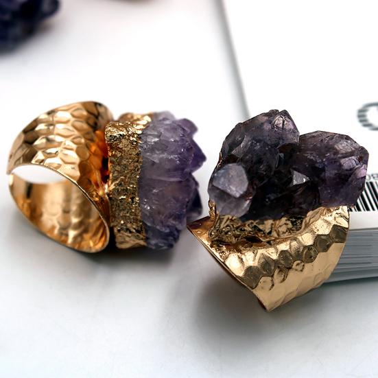 Retro Adjustable Open Band Natural Amethyst Finger Ring Jewelry Accessory Gift