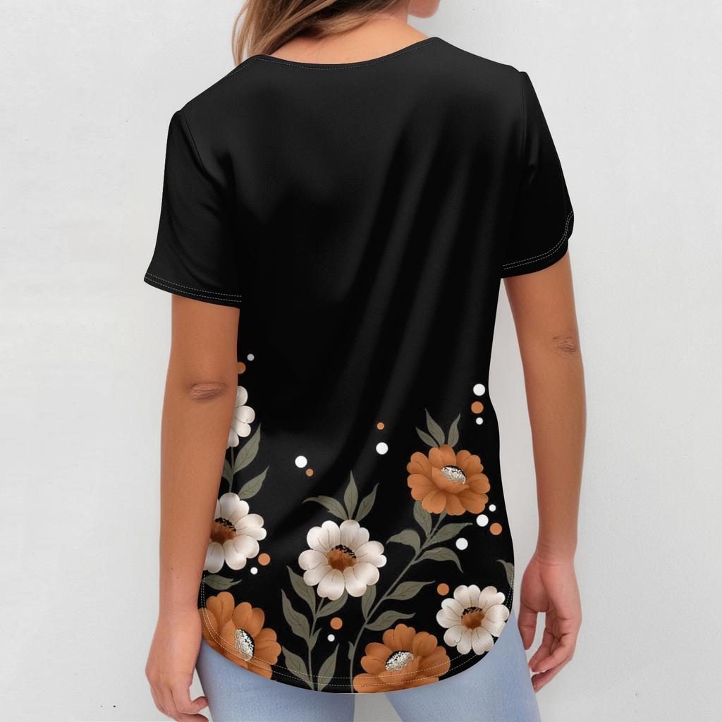 Damen V-Ausschnitt Cartoon-Print Kurzarm Tasche Seitenschlitz Schutzkleidung Oberteil