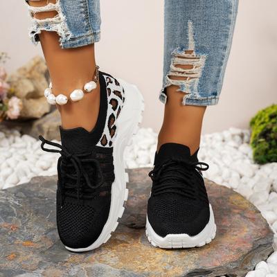 Baskets Tricotées Large Largeur pour Femmes, Ballerines à Semelle Ondulée Imprimé Léopard, Chaussures Décontractées Respirantes pour Femmes