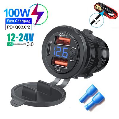 12/24V Drei-Port USB Ladebuchse USB-C PD & Dual QC 3.0 Für Auto Motorrad Mit Voltmeter und Netzschalter Autoladegerät