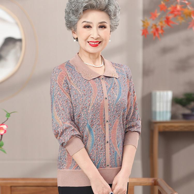 

Grandma Summer Ice Silk Long-sleeved Top Middle-aged and Elderly New Summer Short-sleeved Shirt Mother Lapel Base Shirt 3XL