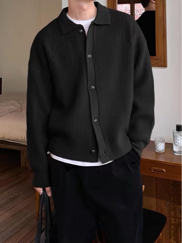 

Men s Trendy Autumn/Winter Lapel Button-Up Loose Knit Cardigan Jacket L чорний