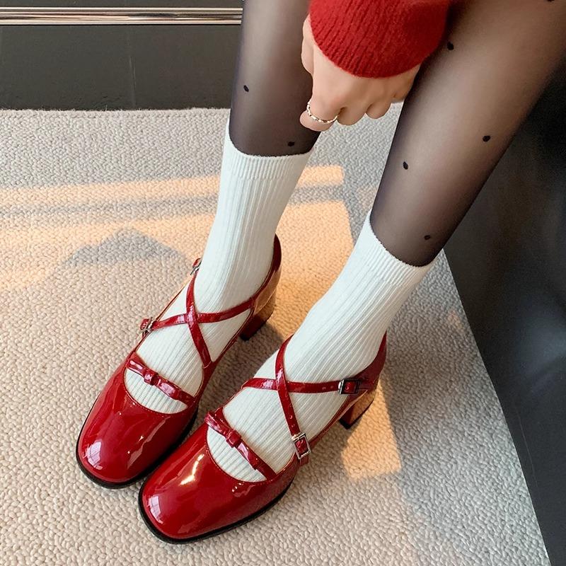 Fashion Chunky Single Shoes Spring New Square Head Shallow Mouth Butterfly Knot Metal Buckle Line Strap Non-slip High Heels