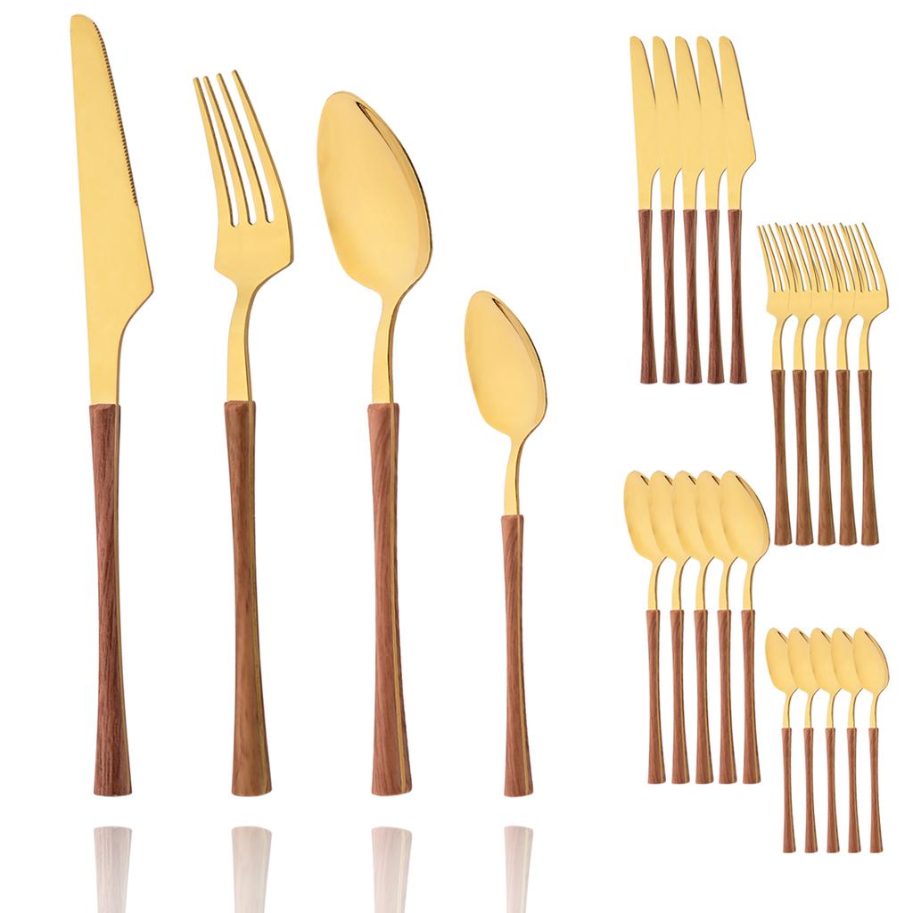 24 ks Příborů s dřevěnou rukojetí Domácí kuchyňská sada nádobí Nůž Vidlička Lžíce Čajová lžička Imitace mramoru Zrcadlová nerezová ocel Služba pro 6 osob