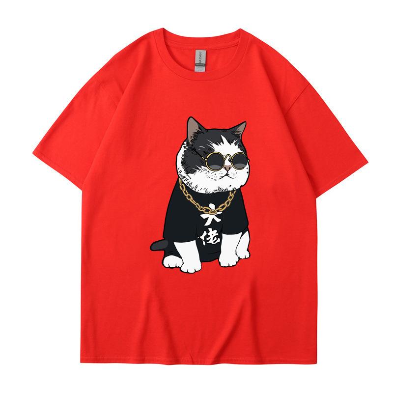 Summer Round Neck Cartoon Cute Big Boss Cat Printed Top Fashionable Casual Pure Cotton Short Sleeved Men's and Women's Unisex T-shirts