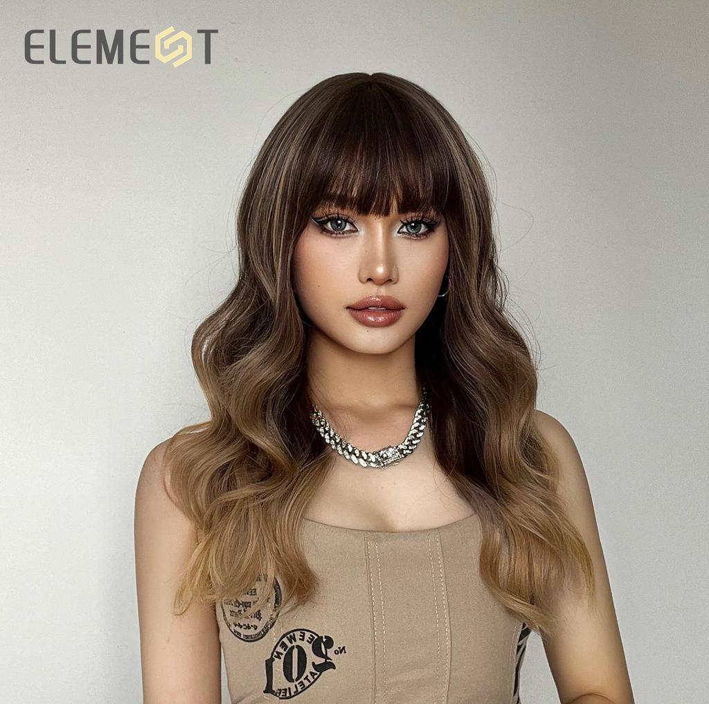 Synthetic Wig Long Medium Water Wavy Ombre Dark Brown with Bangs Wigs for Women Party Daily Hair Heat Resistant Natural