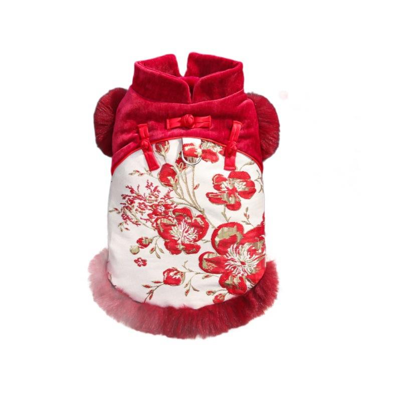 New Chinese-style Folk-style Luxurious Flower-haired Cat Pet Warm Fleece Dog and Cat Fall-winter Clothing Accessories and Supplies