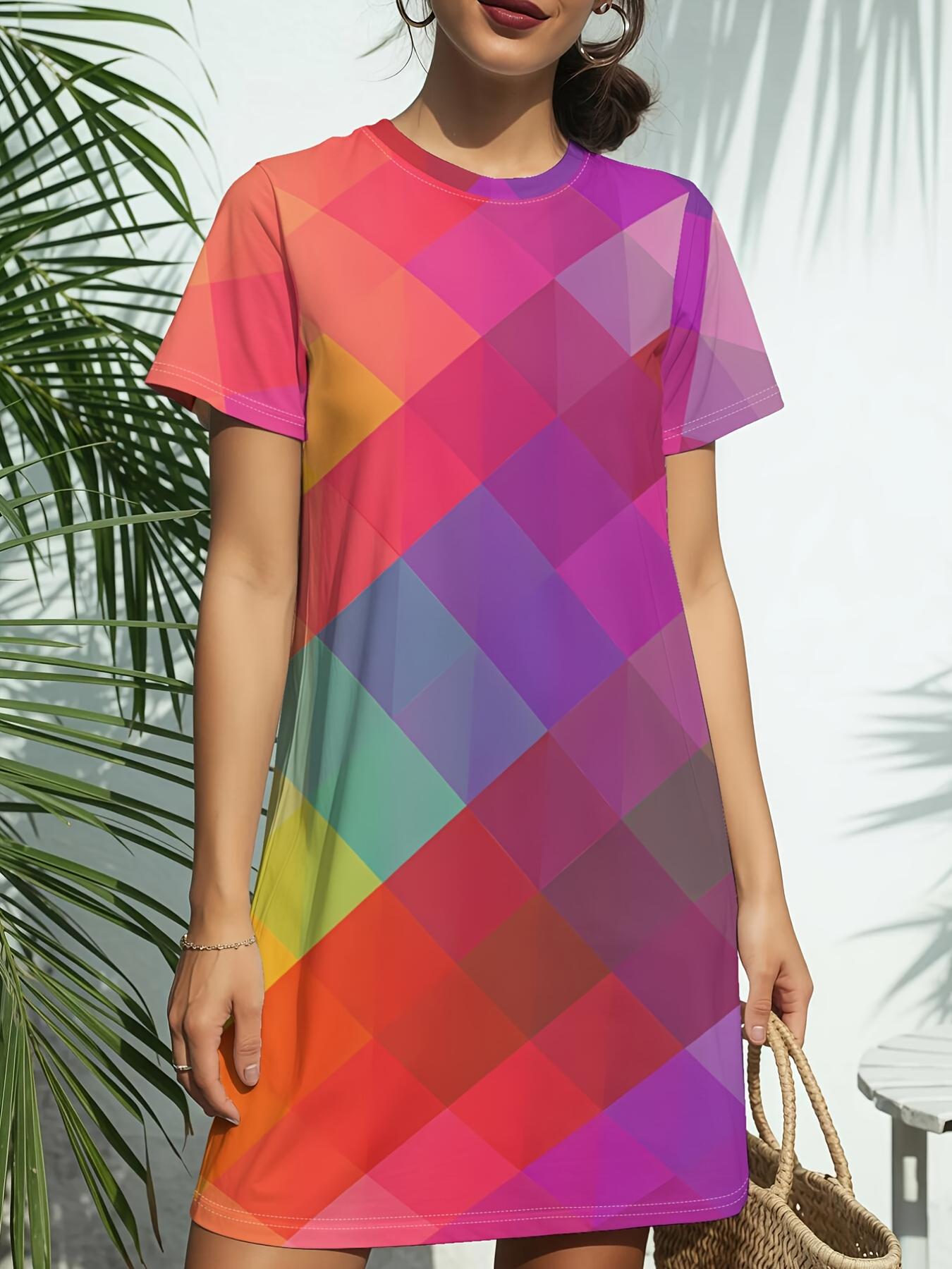 

Rainbow Gradient Print New Women S Round Neck Short Sleeve T-Shirt Dress. American Style Trendy Digital Printing. Casual And Versatile for Spring And 2XL дубильная кора