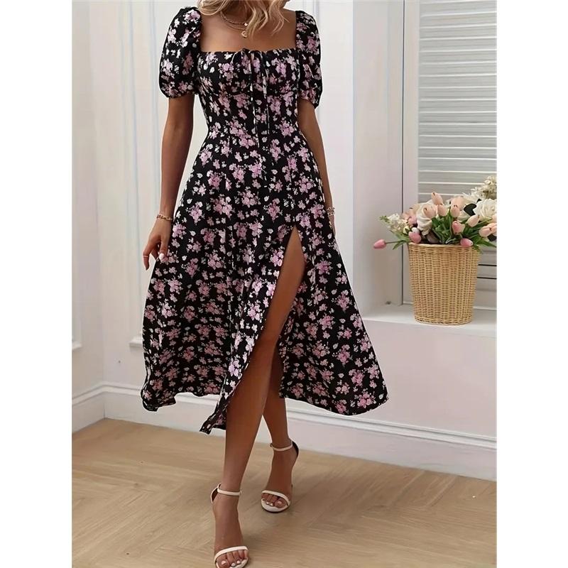 Bedrucktes Neckholder-Kleid mit schmalem Schlitz und Blumenmuster im französischen Stil