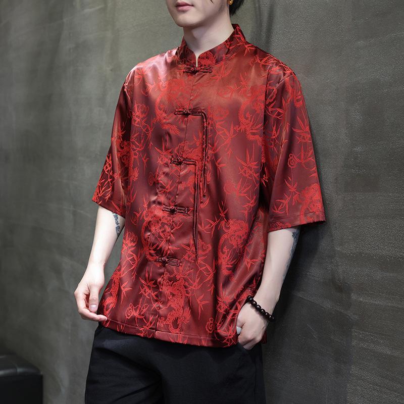 2024 Men's Chinese Style Jacquard Frog Button Tang Suit Shirt, Plus Size, Summer Casual
