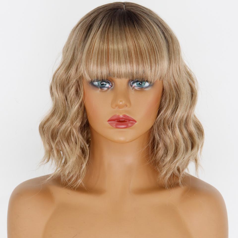 MERISIHAIR Short Wavy Wig with Bangs Synthetic Fiber Water Wave Ombre Light Blonde Wig for Women Daily Wear Cosplay