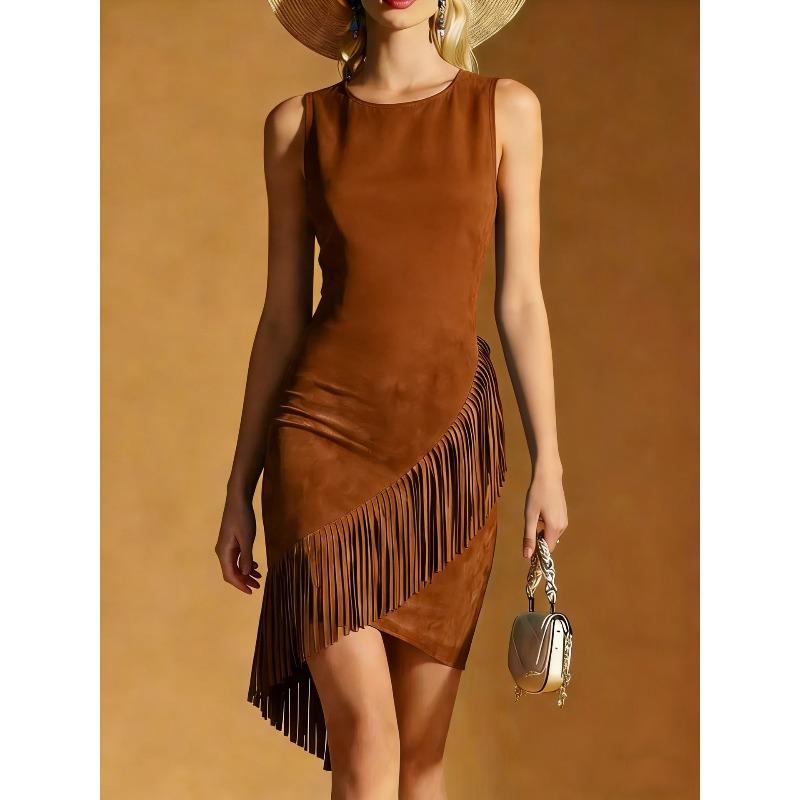 

Summer new drape silk satin texture fringed hem sleeveless vest dress S темно-коричневого