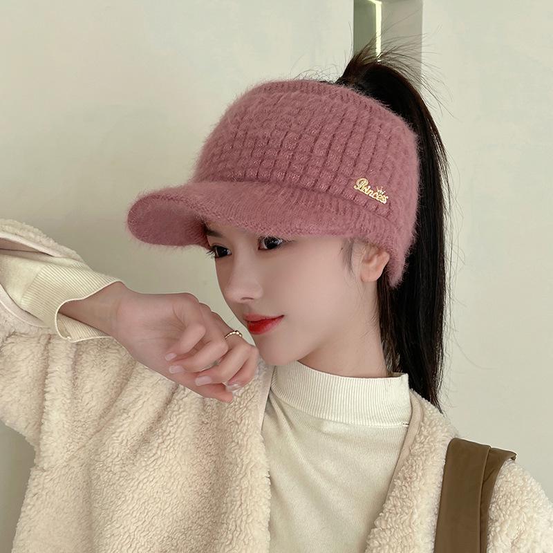 Women's Fleece-lined Wool Knitted Wide Brim Visor Hat for Autumn & Winter Sports
