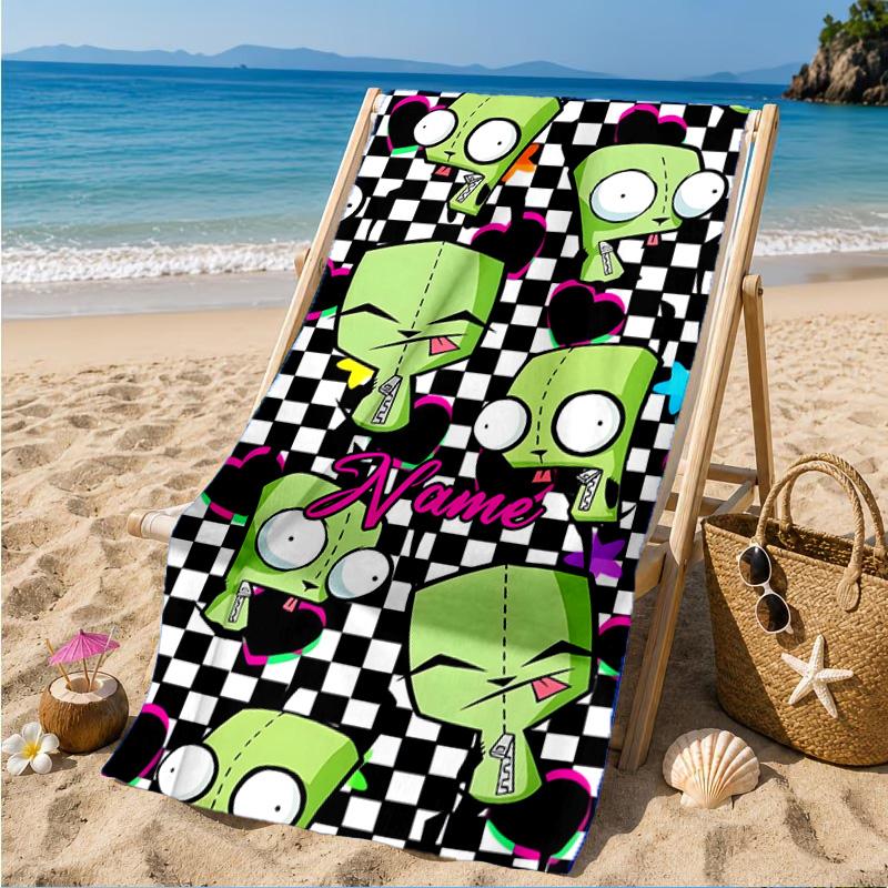 Custom Name Cartoon Alien Heart In Space Adventure Microfiber Beach Towel, Lightweight for Summer Travel, Swimming Pool Fan Gift