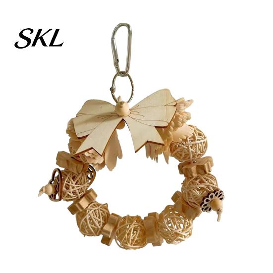 Handmade Bird Toy Wooden Bow Ring Parrot Toy, Chewing with Rattan Ball, Beak Grinder Hanging for African Grey Cockatoos Macaws, Cage Accessories