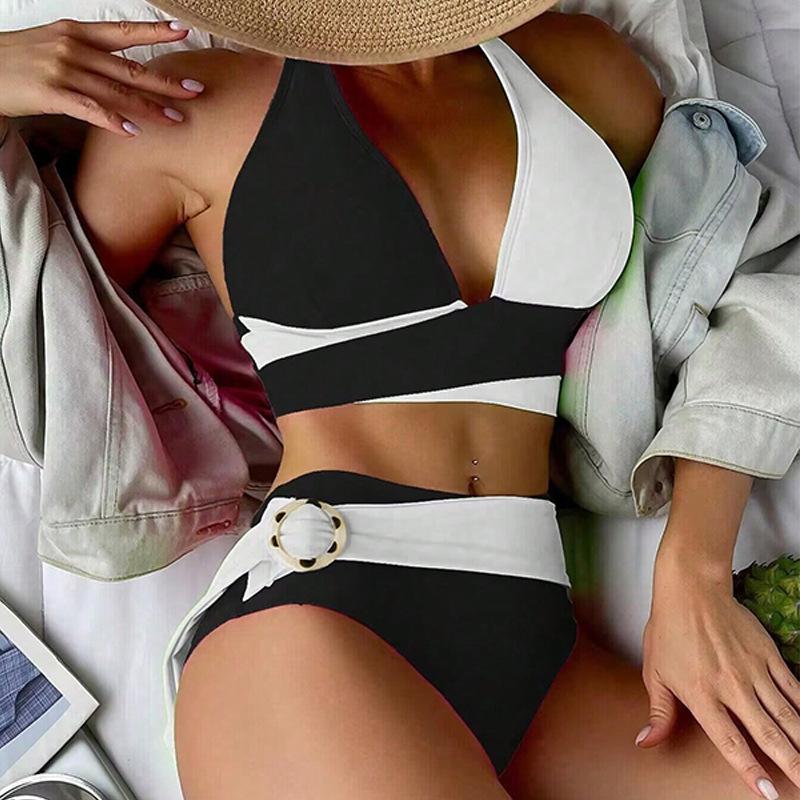 

Women s Color Block Criss Cross Halter Bikini Set High Waisted Buckle Detail Sexy Elegant Summer Beach Hot Spring Swimwear S белый
