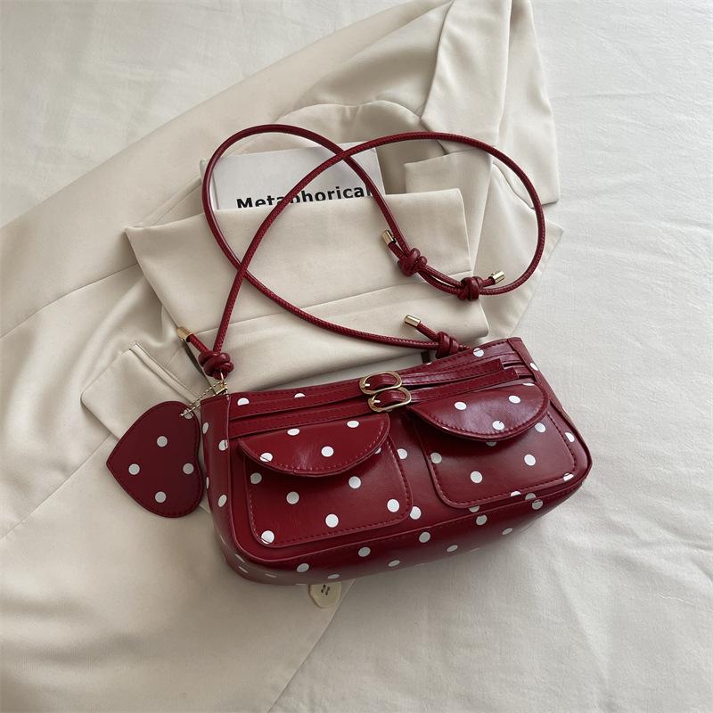 French Polka Dot Shoulder Bags for Women Simple Sweet Ladies Pu Crossbody Bag Retro Belt Design Handbags with Heart Pendant