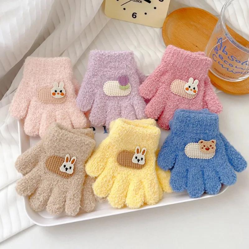 Winter Knitted Gloves Cartoon Warm Mittens Toddlers Outdoor Cartoon Pattern Cute Gloves for Child Kids Baby Girls Boys 1-3Y