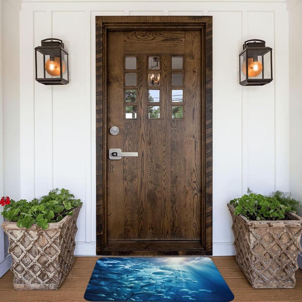 Blue Ocean Underwater Fish Print Front Door Rug for Indoor Outdoor Entrance,Welcome Mat with Flannel Fabric