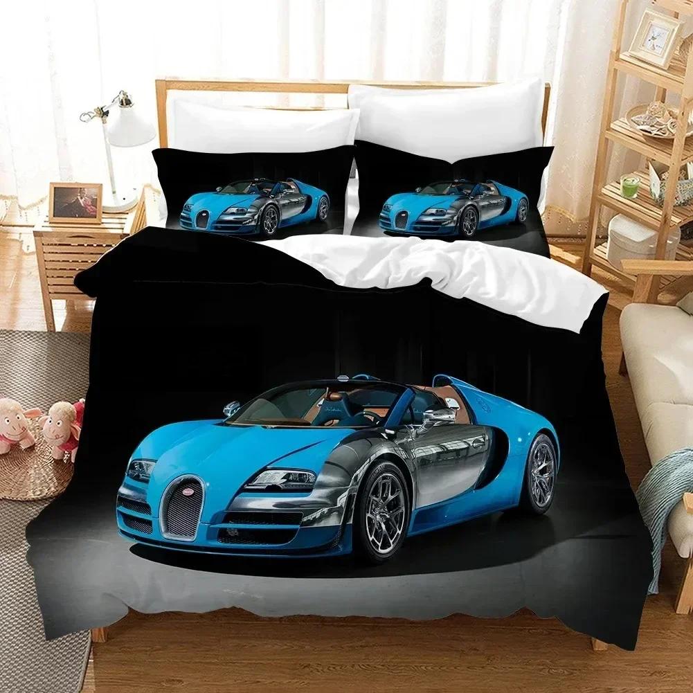Sportwagen Bettbezug 3D Rennwagen Bedrucktes Bettwäscheset Queen King Size mit Zwei Kissenbezügen Herren Cool Polyester Für Bettdeckenbezug