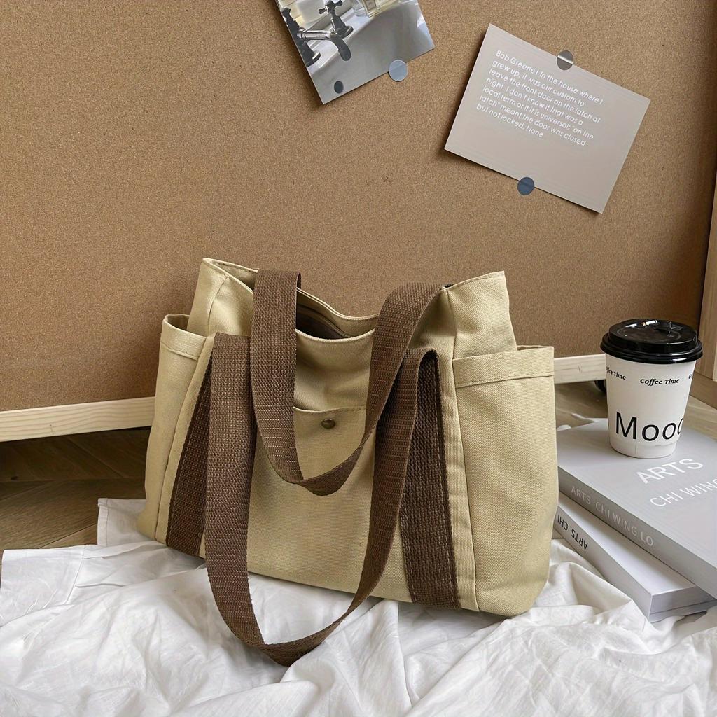 Large Capacity Canvas Solid Letter Tote Bag Versatile Handbag For Commuter Work Student Class Underarm Women'S Bag Shopping Bag