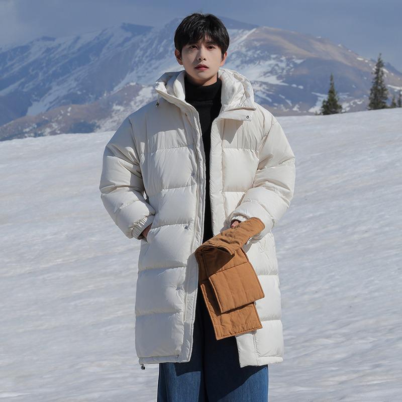 Herren Winter Mittellange Daunenjacke - Lässig, Warm, Lockerer Schnitt, Über das Knie, Verdickter Mantel mit Entendaunen.