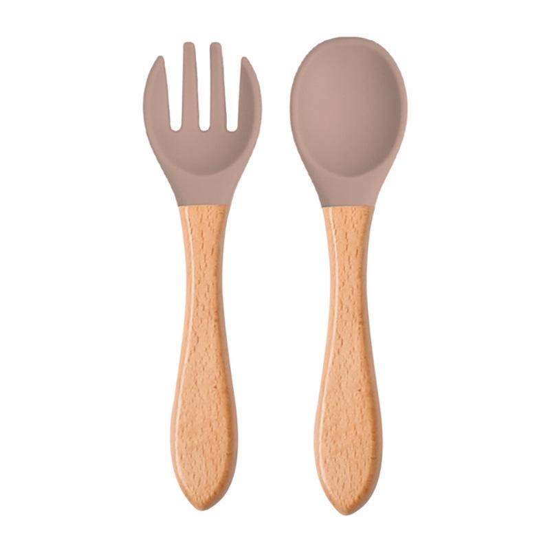 Child's Wooden Handle Silicone Fork & Spoon Set for Learning to Eat