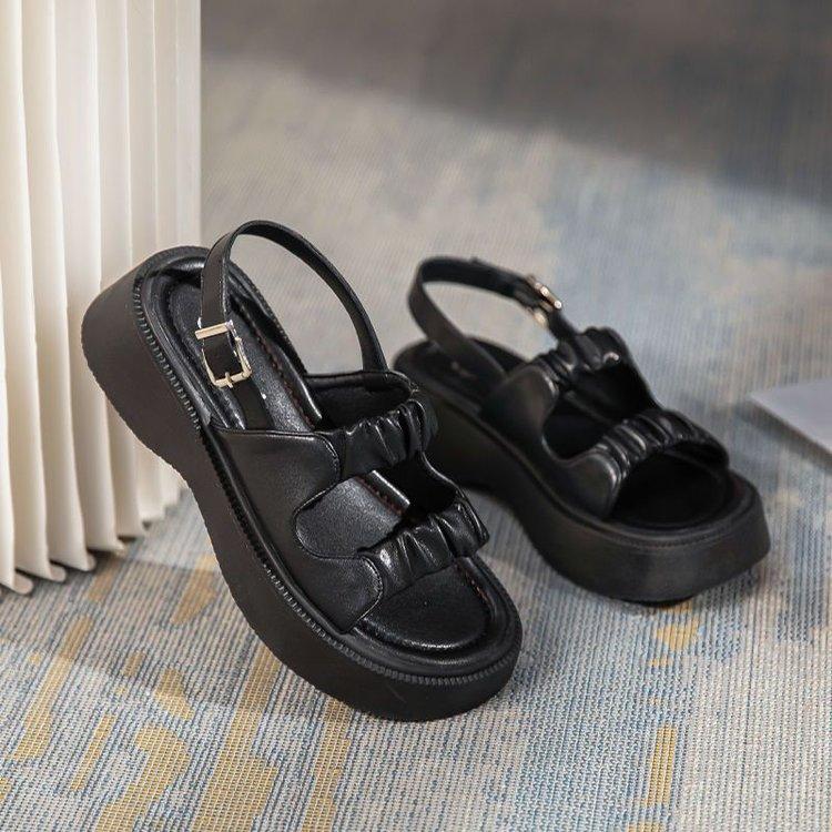 

Fashion thick low student sandals women s 2024 new mid-heel Korean one-character pleated buckle with Roman beach shoes women 40 чорний