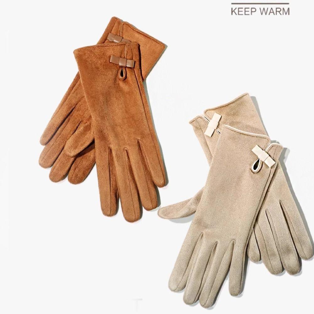 Soft Pu Leather Gloves Bownot Women Cycling Mittens Gift Winter Bow Suede Gloves Winter