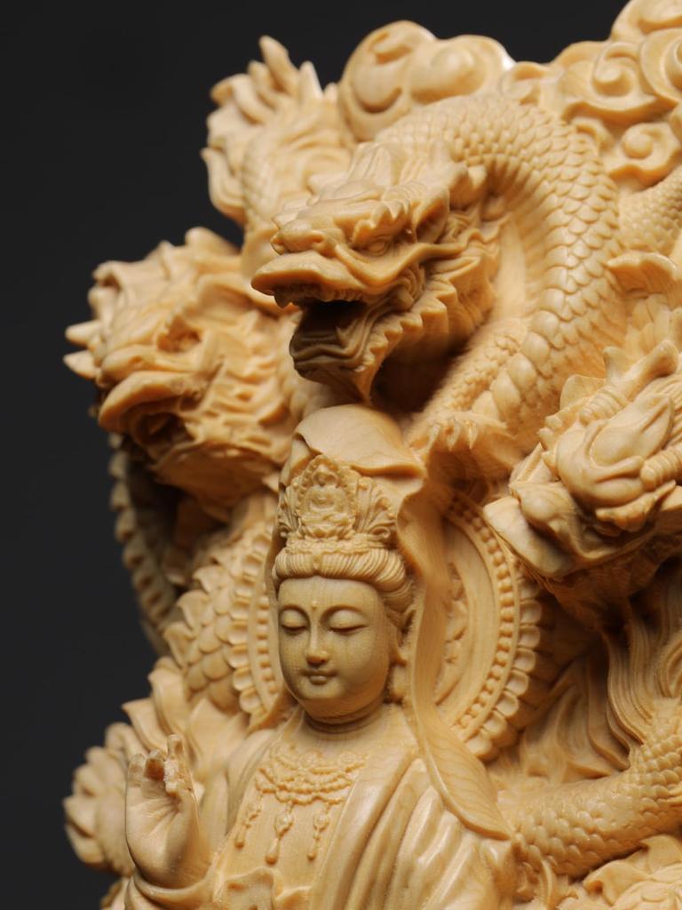 Dragon God Buddha Statue [Nine Dragon Kannon Bodhisattva] Kannon Ornament for Good Fortune and Prosperity, for Buddhist Altar, Hinoki Wood Carving (He
