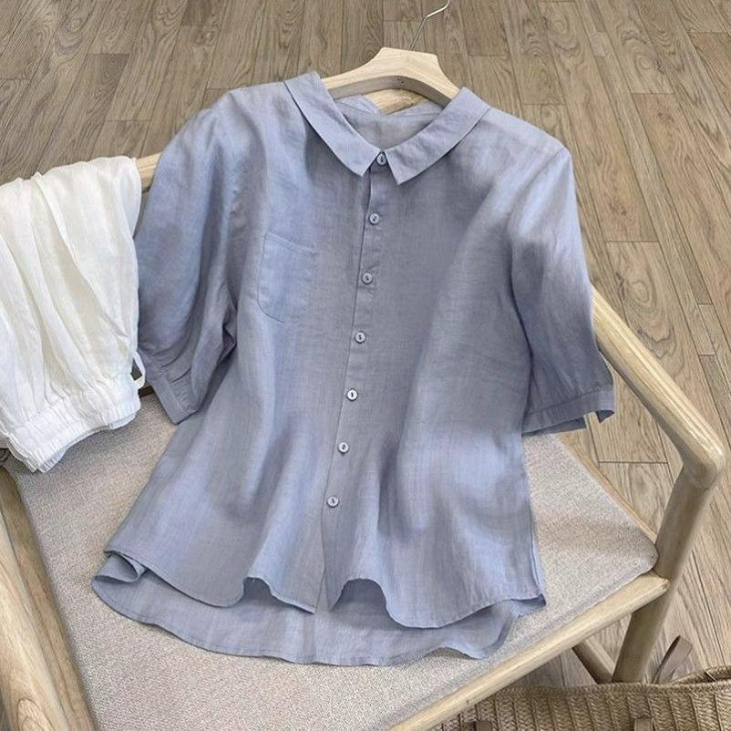 Summer All-match Loose Cotton and Linen Literary Retro Lapel Solid Color Temperament Shirt Cotton and Linen Blouse Women's Short-sleeved