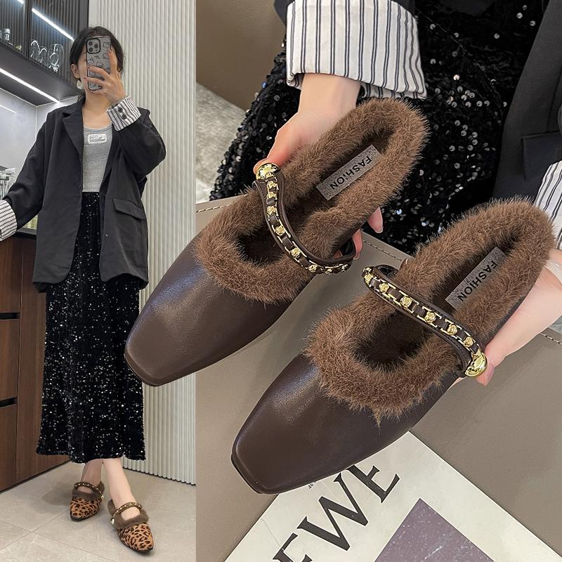 Fashion 2025 New Fashion Women Round Toe Flats Baotou Slippers with Velvet Matte Finish Single Casual Shoes Women Comfort Loafers Shoes