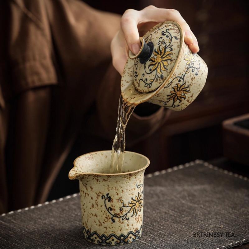 Chinese Retro Handmade Ceramic Gaiwan Hand-painted Flowers Pattern Teacup Household Travel Tea Bowl Portable Teaware Accessories