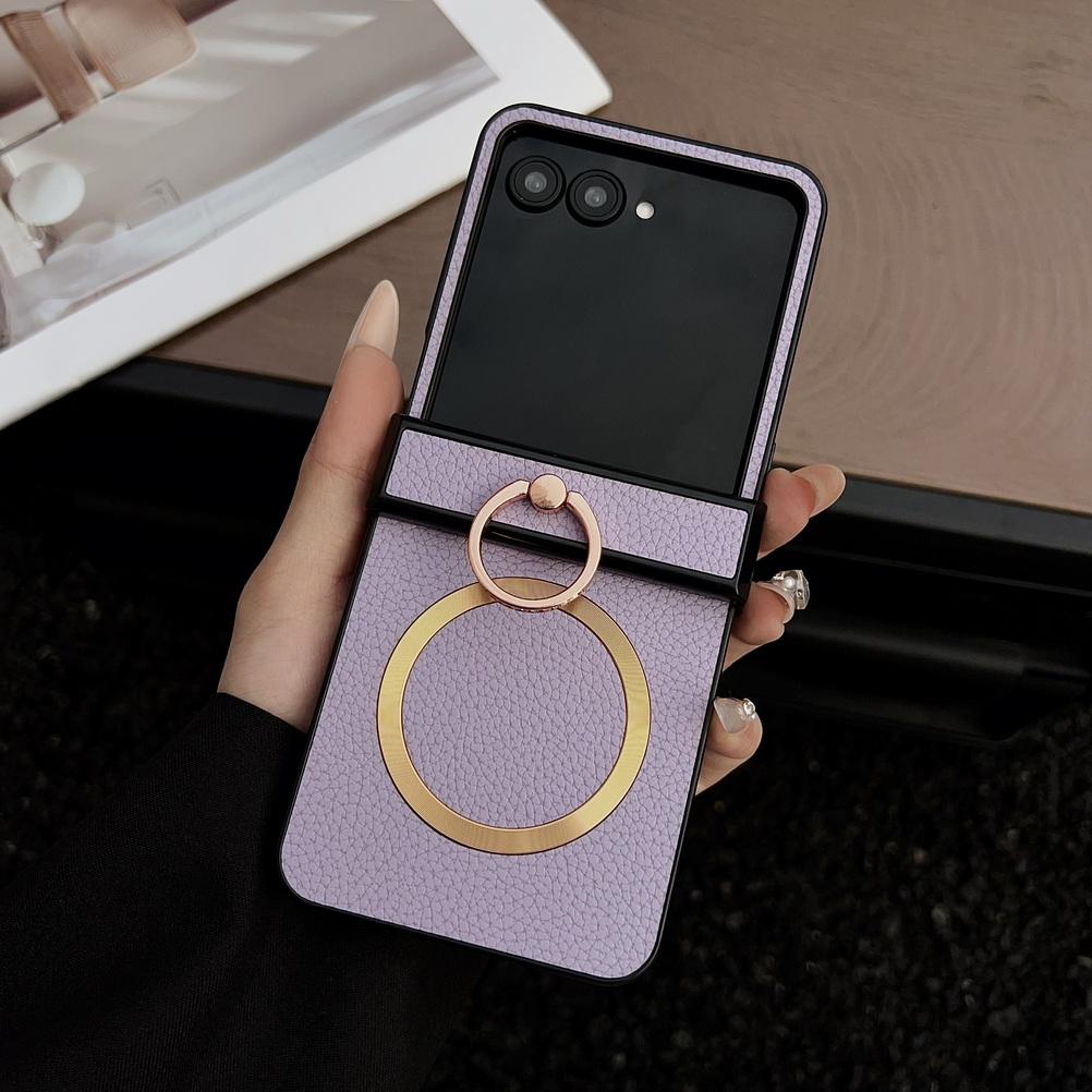 Lychee Plain Leather Metal Finger Ring and Magnetic Ring Case For Motorola Razr 60 Ultra razr60 Moto Razr 50 razr+ Cover