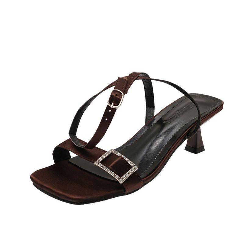 Fashion Square Toe Women's Sandals Crystal Mid Heels Shoes Buckle Fashion Dress Pumps 2025 Slingback Shallow Summer Sandalias De Mujer