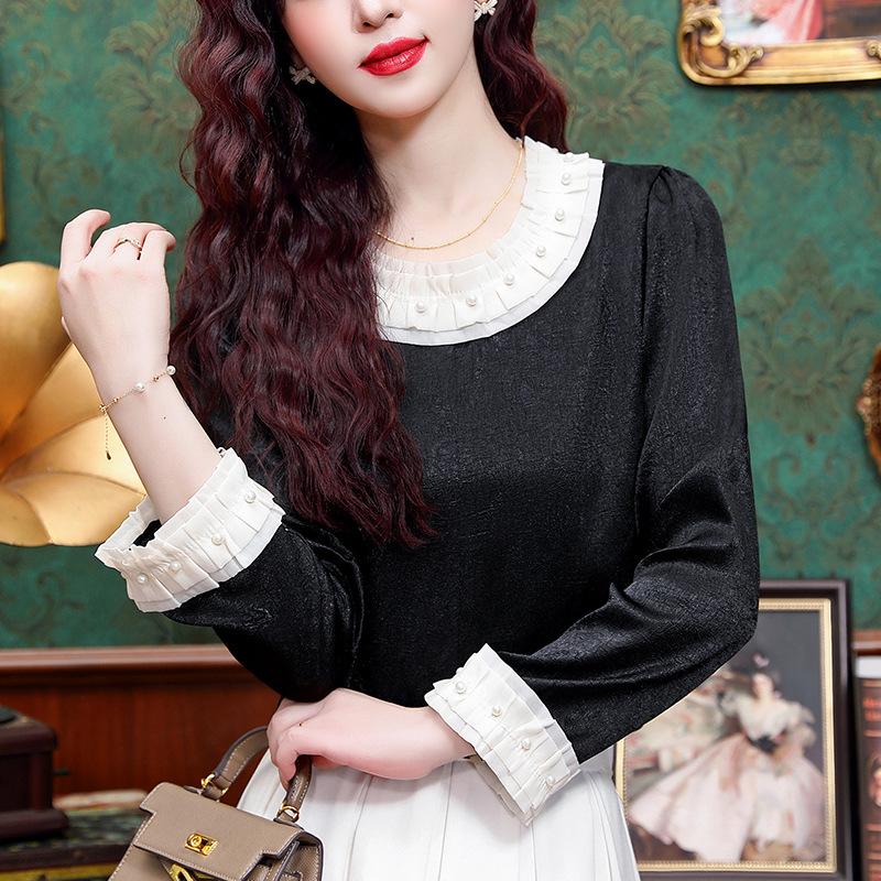 

Небольшие ароматные серьги из французского дерева, круглый вырез, топ для женщин с длинными рукавами, весенняя новая атласная рубашка с бисером, темпераментная маленькая рубашка 3XL