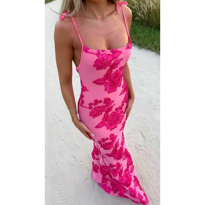 

European and American Summer Three-Dimensional Plate Flower Sexy Sling Sheath Dress Strap Sexy Seamless Dress Red S